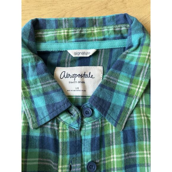 Y2K Aeropostale Flannel Women L Green Plaid Blue VTG Outdoor Preppy Dog LOGO - Picture 6 of 11